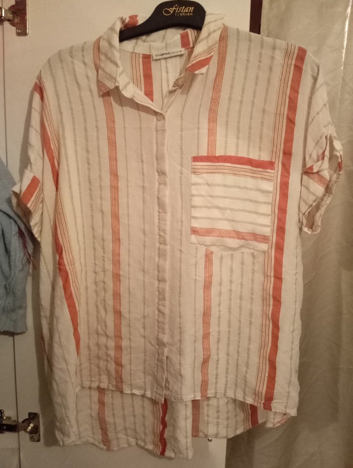 Bohem Stil Düğmeli Kısa Kollu Keten Gömlek - Görsel 4