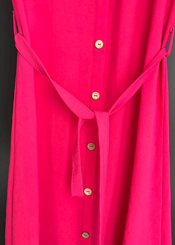 Pembe V Yaka Düğmeli Uzun Elbise - Görsel 4