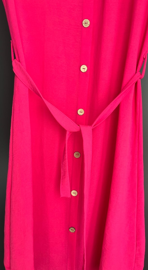 Pembe V Yaka Düğmeli Uzun Elbise - Görsel 4