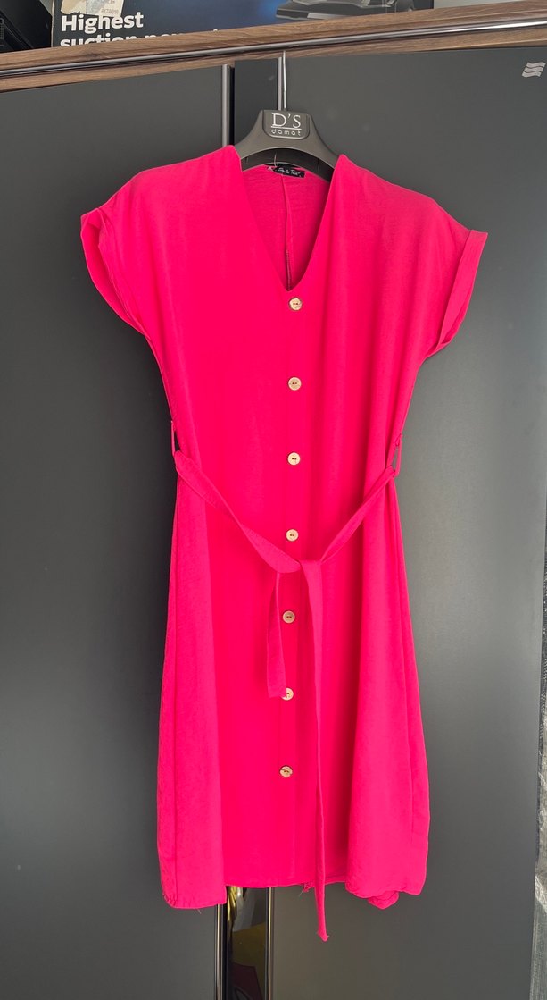 Pembe V Yaka Düğmeli Uzun Elbise - Görsel 2