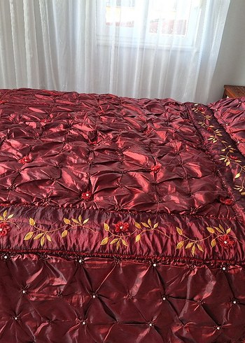 Bordo Nakışlı Yatak Örtüsü Seti - Görsel 12