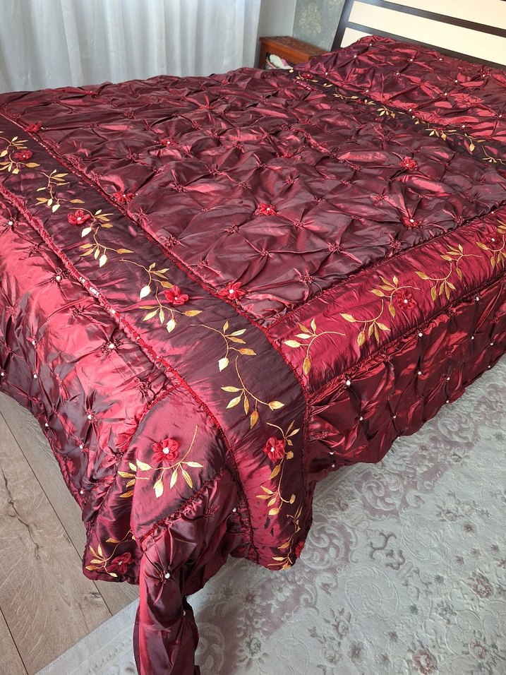 Bordo Nakışlı Yatak Örtüsü Seti - Görsel 4