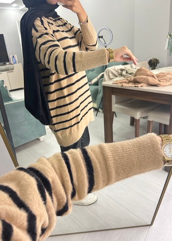 universal Beden camel Renk Zebra Desenli Camel Triko Boğazlı Kazak
