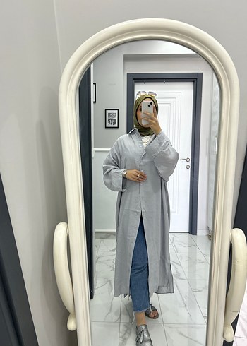 Alvina Gri Uzun Keten Kadın Tunik