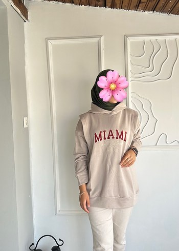 Gri Kapüşonlu Miami Baskılı Salaş Sweatshirt
