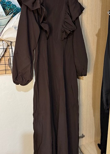 Kahverengi Uzun Kollu Fırfırlı Elbise - Görsel 2