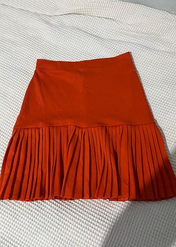 Kadın turuncu Pilili Midi Etek