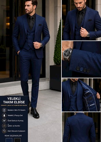 Sarar Kigili Lacivert Slim Fit 3 Parca Takim Elbise
