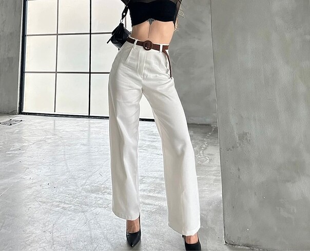 m Beden Keten kemerli pantolon