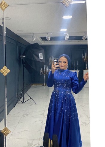 Uzun Kollu Boncuk İşlemeli Mavi Henna Elbise - Görsel 3