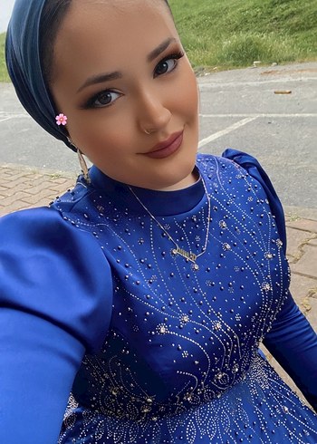 xxl Beden mavi Renk Uzun Kollu Boncuk İşlemeli Mavi Henna Elbise