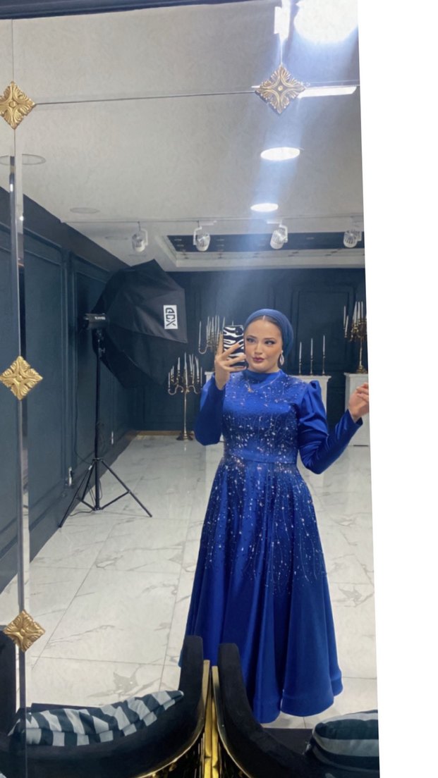 Uzun Kollu Boncuk İşlemeli Mavi Henna Elbise - Görsel 3