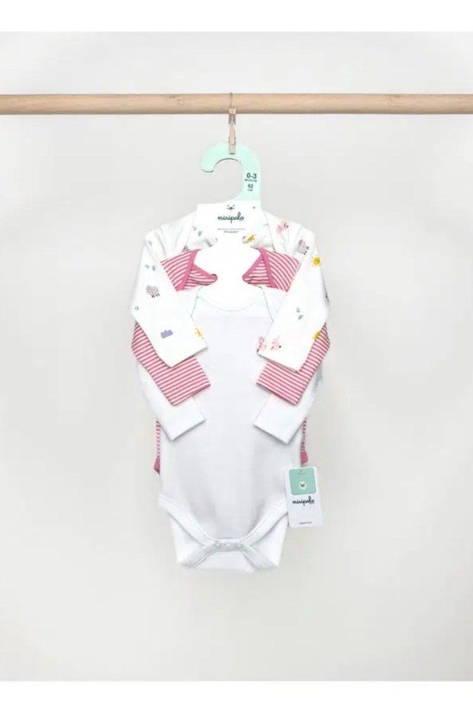 Minipolo Kız Uzun Kol % 100 Pamuk 3`lü Çıtçıtlı Bebek Body - Görsel 2