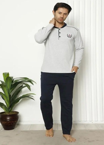 Modella Life Gri Düğmeli Uzun Kollu Kışlık Erkek Pijama Takımı - Görsel 2