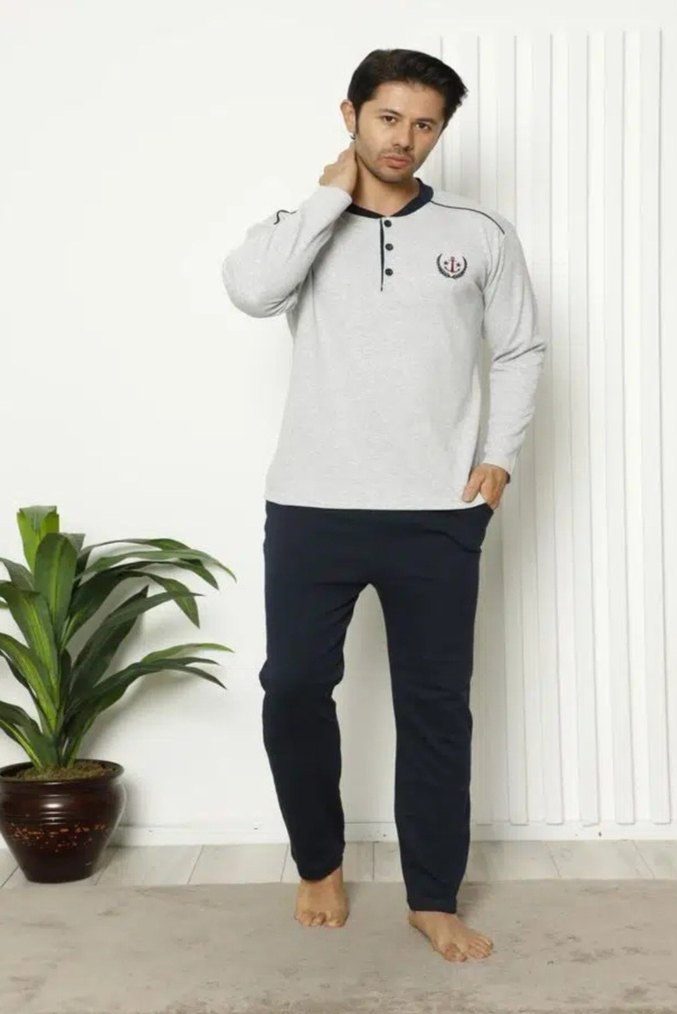 Modella Life Gri Düğmeli Uzun Kollu Kışlık Erkek Pijama Takımı - Görsel 2