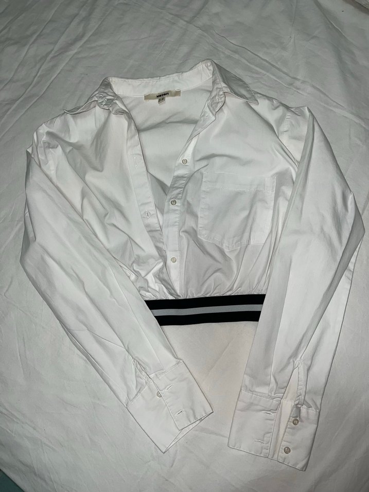 Düğmeli Beyaz Uzun Kollu Kadın Gömlek koton - Görsel 5