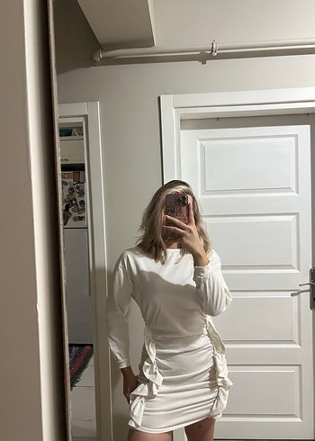 Beyaz Uzun Kollu Mini Elbise - Görsel 4