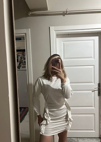 Beyaz Uzun Kollu Mini Elbise - Görsel 5