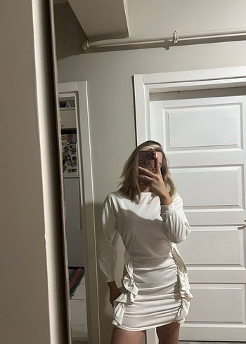 Beyaz Uzun Kollu Mini Elbise - Görsel 3