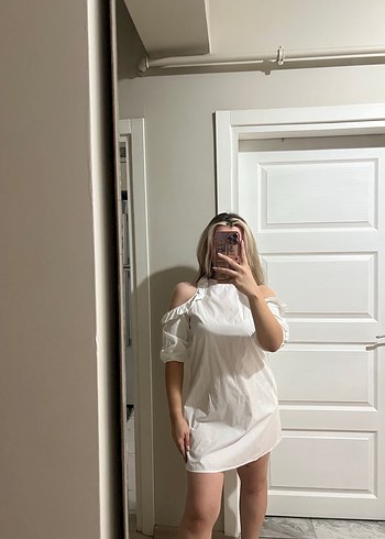 Beyaz mini gömlek elbise - Görsel 4