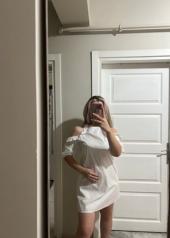 Beyaz mini gömlek elbise - Görsel 2