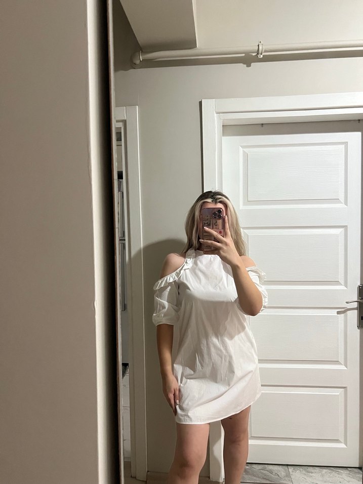 Beyaz mini gömlek elbise - Görsel 4