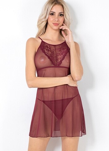 xl Beden bordo Renk Miorre Wild Sırt Dekolteli Transparan Fantezi Gecelik Takım L-XL