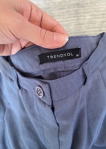 Trendyol & Milla Gri-Mavi Yüksek Bel Keten Mini Şort