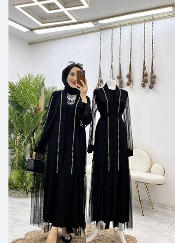 İncili tül abaya takımı 