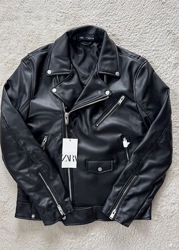l Beden Siyah Deri Biker Ceket, Kemerli, Normal Boy