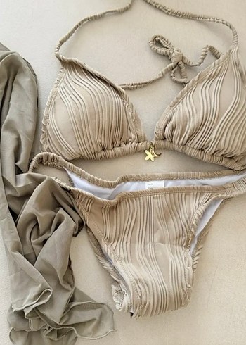 38 Beden Piliseli Kahverengi Bohem Bikini Takımı