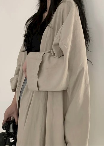Diğer Drapeli Bej Keten Midi Kimono