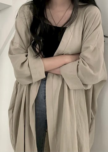 Drapeli Bej Keten Midi Kimono