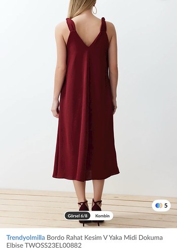 Trendyolmilla Bordo V Yaka Rahat Kesim Uzun Elbise