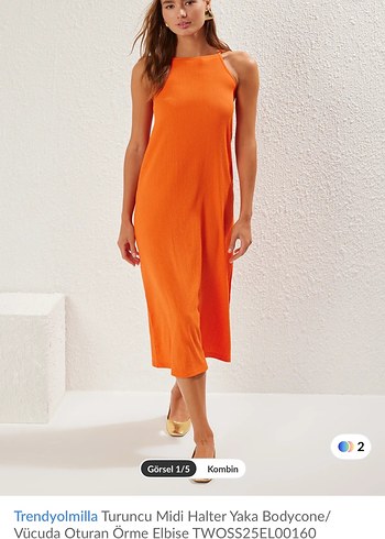 Trendyolmilla Turuncu Midi Halter Yaka Elbise