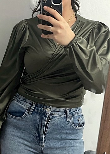 Kadın Haki Drapeli Uzun Kollu Halter Bluz - Görsel 2