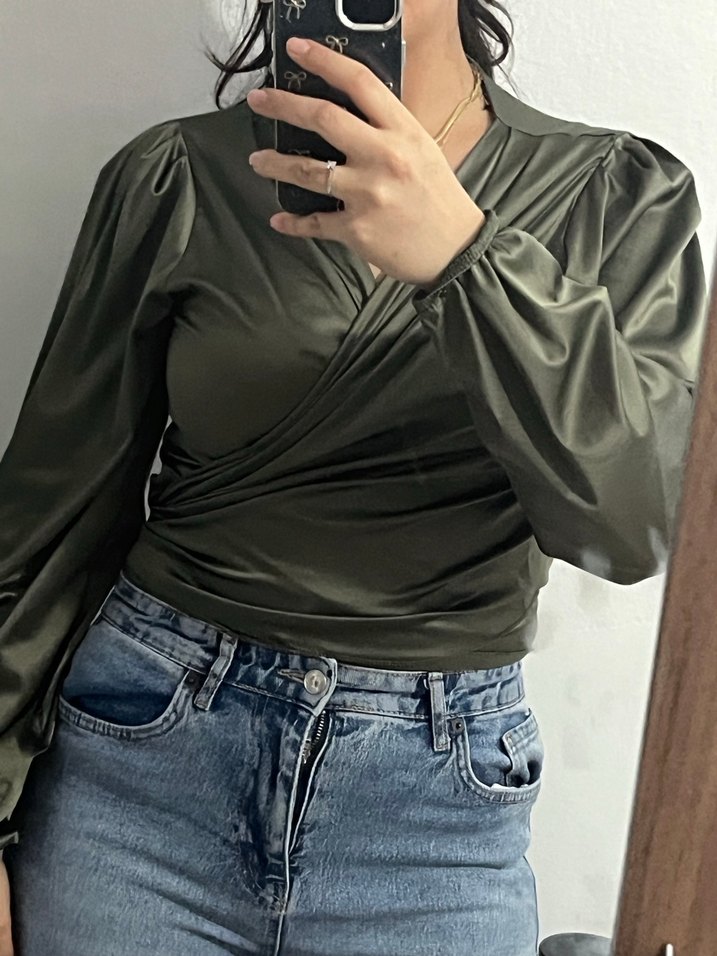Kadın Haki Drapeli Uzun Kollu Halter Bluz - Görsel 2