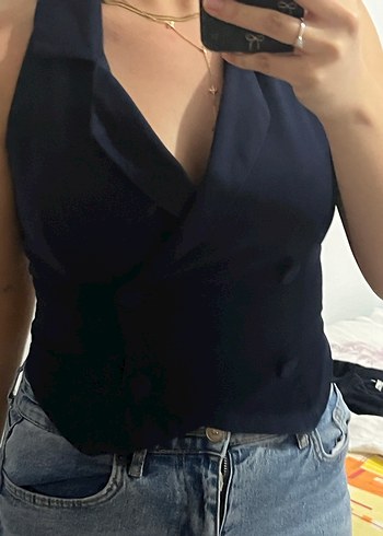 Lacivert Denim Halter Yaka Bluz - Görsel 2