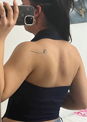 Lacivert Denim Halter Yaka Bluz - Görsel 3