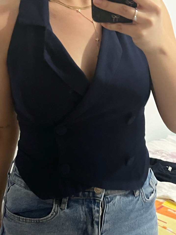 Lacivert Denim Halter Yaka Bluz - Görsel 2