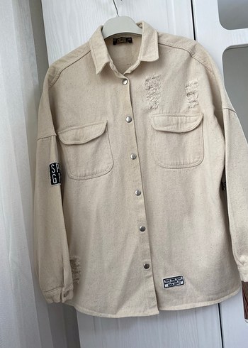 l Beden Bej Düğmeli Kadın Street Wear Gömlek