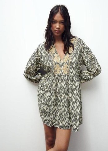 Bohem Gri  V Yaka mini elbise - Görsel 4