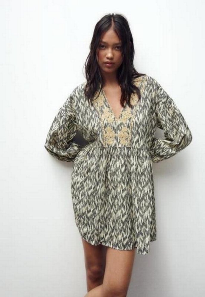 Bohem Gri  V Yaka mini elbise - Görsel 4