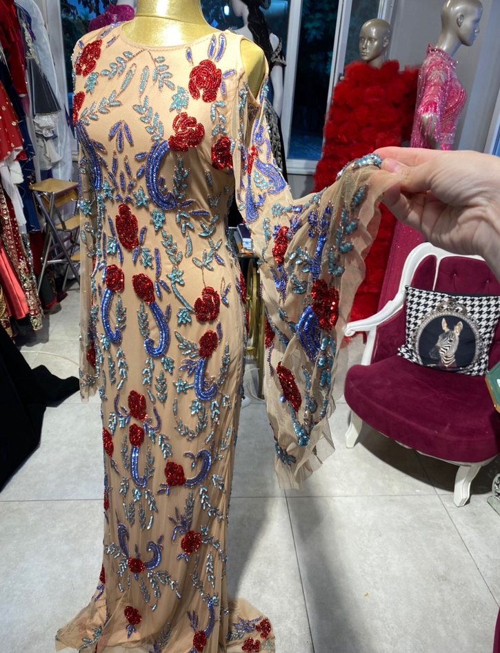 Nakışlı Transparan Uzun Kollu Bej Bohem Elbise - Görsel 2