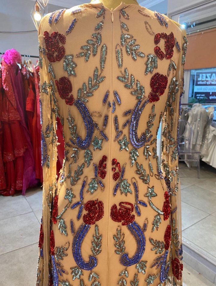 Nakışlı Transparan Uzun Kollu Bej Bohem Elbise - Görsel 4