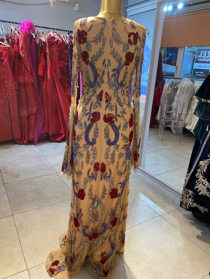 Nakışlı Transparan Uzun Kollu Bej Bohem Elbise - Görsel 3