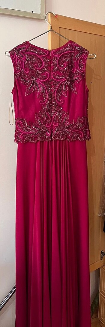 Fuşya Renk Taşlı Abiye Elbise - Görsel 6