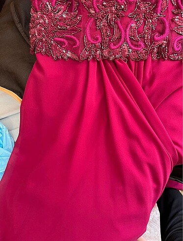 Fuşya Renk Taşlı Abiye Elbise - Görsel 7