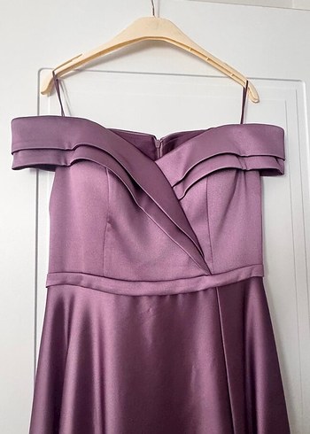 Mor Uzun Drapeli Straplez Abiye Elbise - Görsel 3