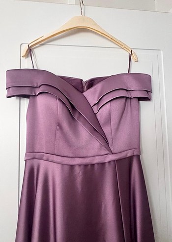 Mor Uzun Drapeli Straplez Abiye Elbise - Görsel 5